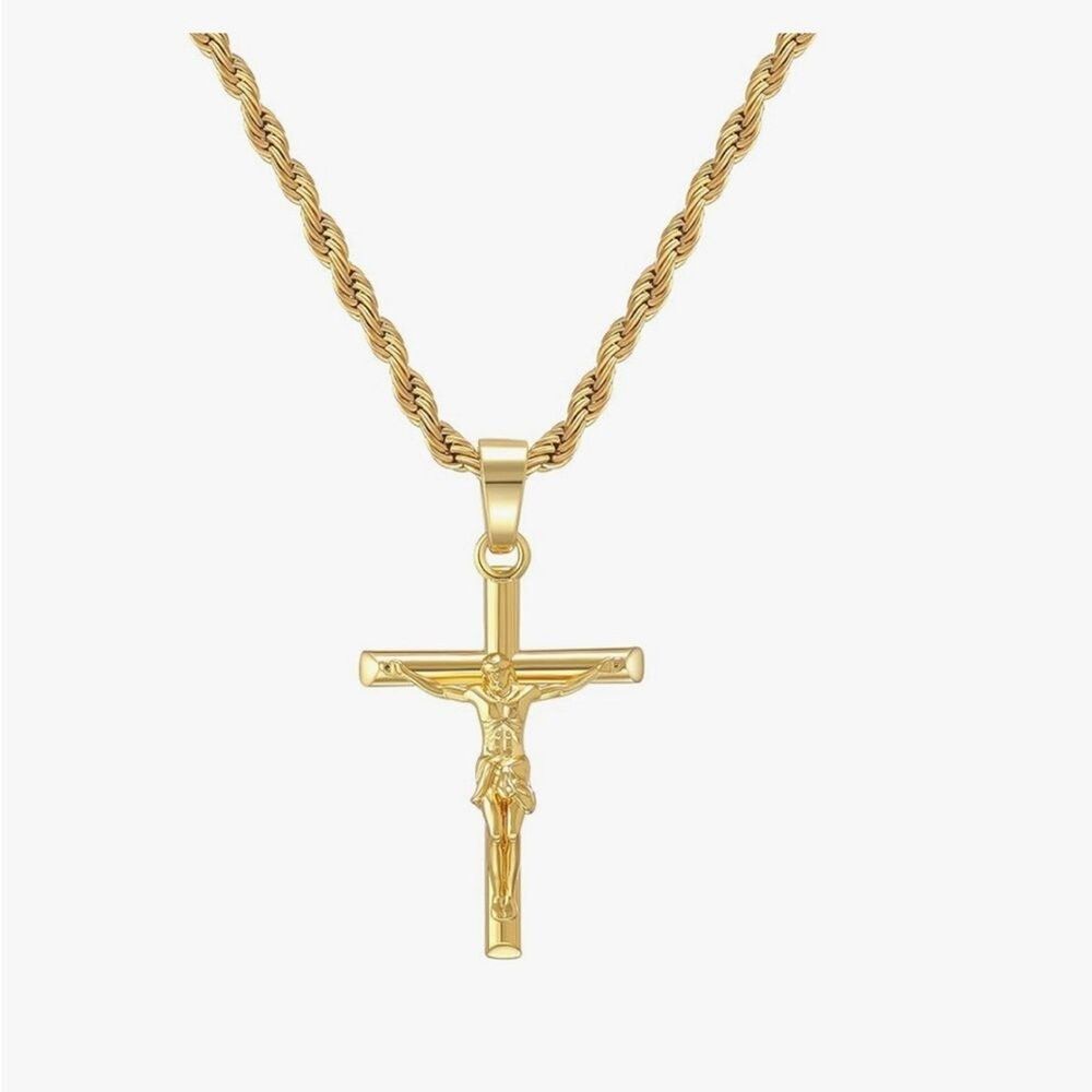 22” 18K Gold Plated Crucifix Cross Pendant Necklace Rope Chain Unisex Religious